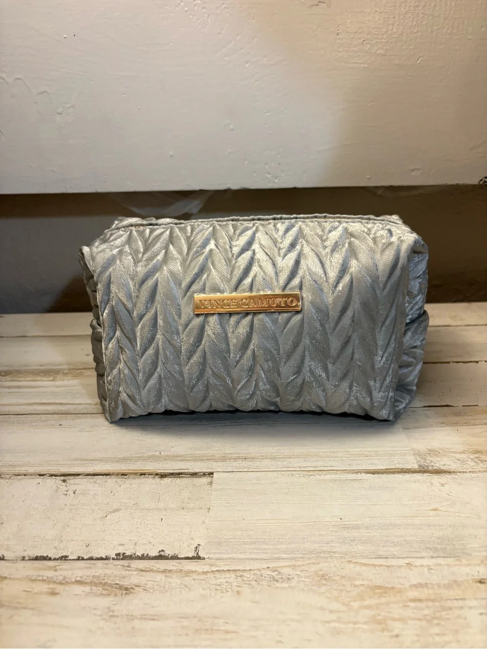 Vince Camuto Metallic Silver Quilted Cosmetic Case